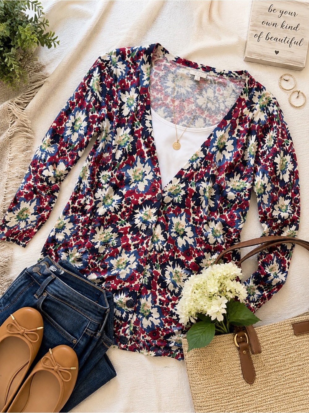 Talbots Floral Button Front Cardigan Sweater V-Neck Lightweight Layering Piece